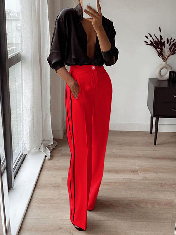 High Waisted Loose Pockets Striped Suit Pants Trousers