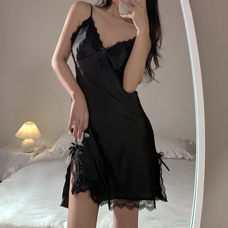 Women Sexy Solid Color Lace Stitching Sling Nightgown