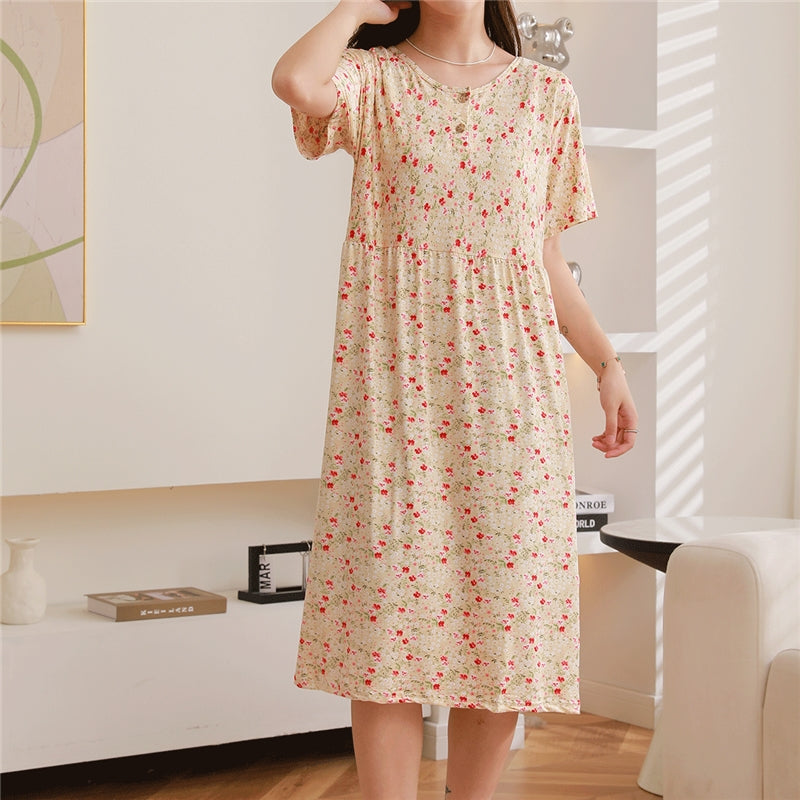 Women Fashion Casual Floral Printed Short Sleeve Loose Dress Pajamas