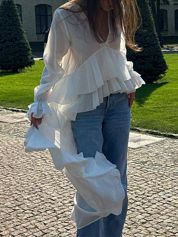 Flared Sleeves High-Low Elasticity Pleated Solid Color V-Neck Blouses&Shirts Tops