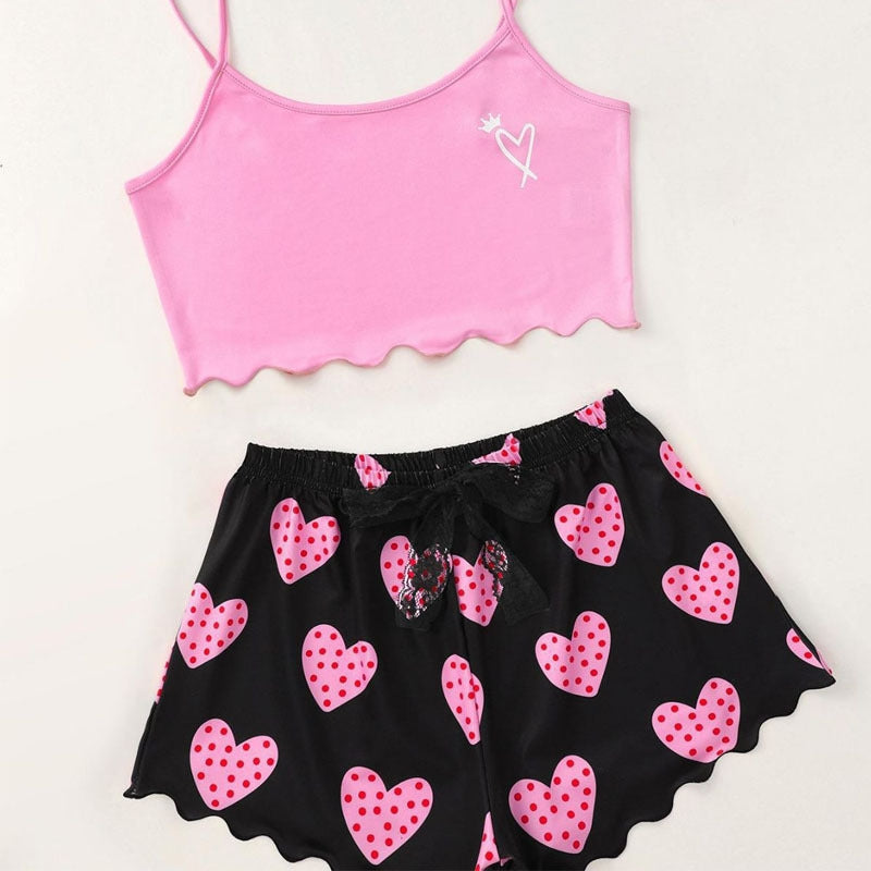 Women Fashion Heart Print Pajamas Two-Piece Set