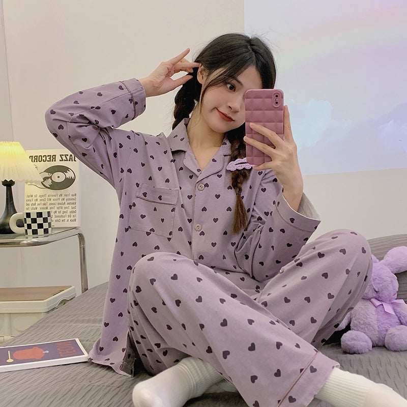 Women Fashion Casual Autumn Printed Lapel Long-Sleeve Blouse Loose Pants Pajamas Two-Piece Set