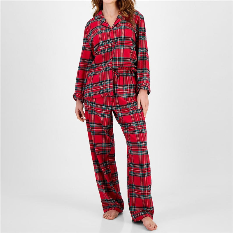 Women Fashion Casual Plaid Printe Lapel Long-Sleeve Blouse Loose Pants Pajamas Two-Piece Set