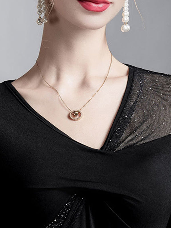 Irregularity Long Sleeves Mesh Slightly Sheer Split-Joint V-Neck T-Shirts