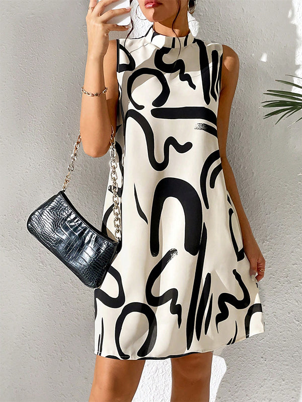 A-line Sleeveless Contrast Color Printed Mini Dresses