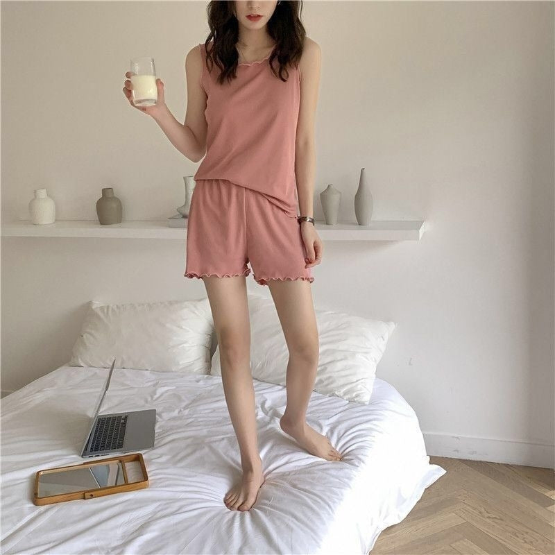 Women Fashion Casual Solid Color Ice Silk Sleeveless Tank Top Loose Shorts Pajamas Two-Piece Set