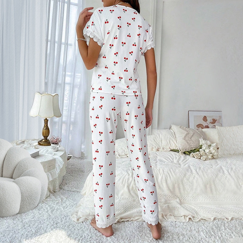 Women Casual Cherry Printed Lace Long-Sleeve Lapel Top Loose Pants Pajamas Set