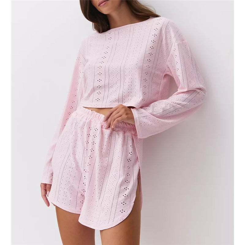 Women Fashion Casual Solid Color Hollow-Out Long-Sleeve T-Shirt Loose Shorts Pajamas Two-Piece Set