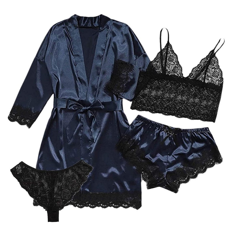 Sexy Women Lace Splicing Straps Long Sleeves Home Pajamas Four-Piece Set