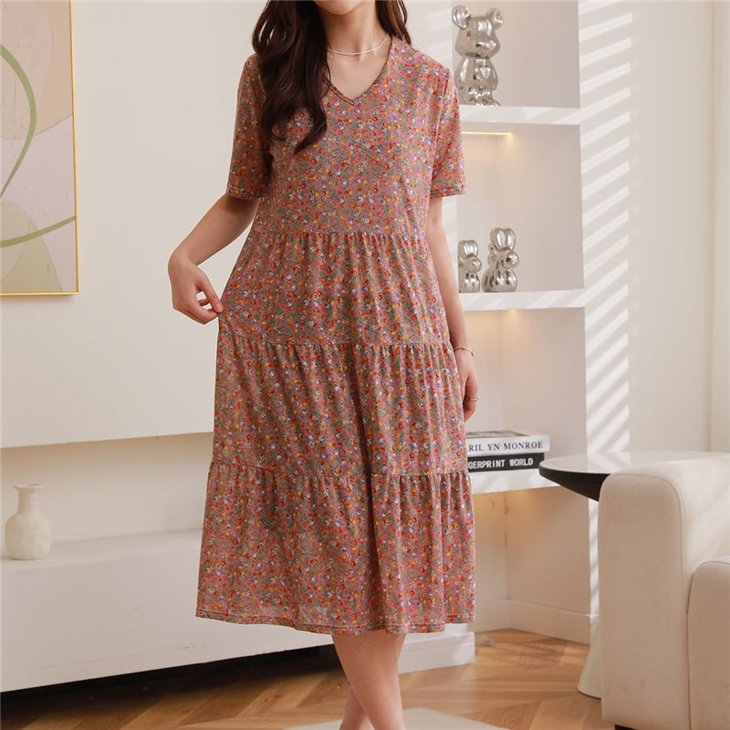 Women Fashion Casual Floral Printed Short Sleeve Loose Dress Pajamas
