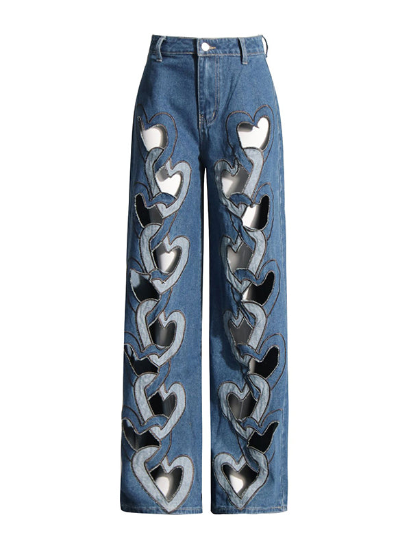 High Waisted Wide Leg Hollow Jean Pants Bottoms