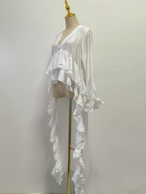 Flared Sleeves High-Low Elasticity Pleated Solid Color V-Neck Blouses&Shirts Tops