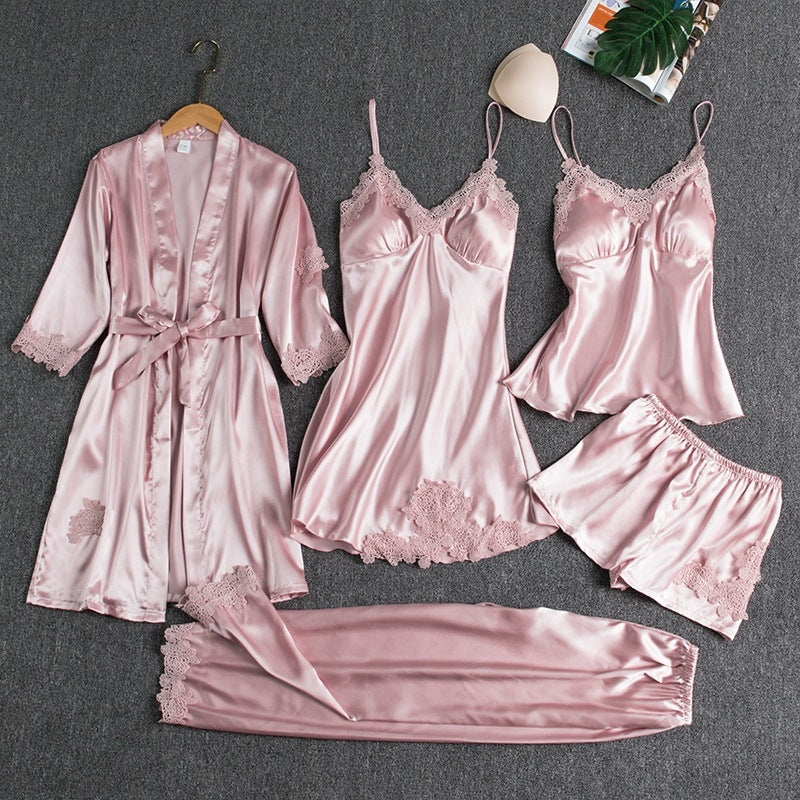 Women Summer Ice Silk Sexy Solid Color Lace Long Sleeve Nightgown Five-Piece Set