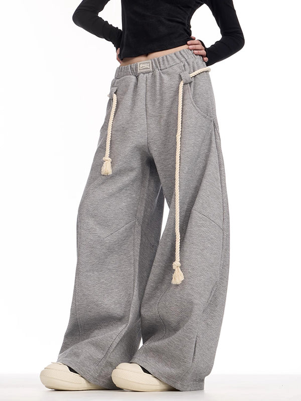High Waisted Loose Drawstring Elasticity Pockets Solid Color Pants Trousers
