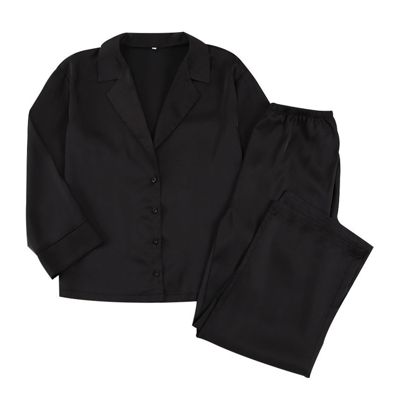 Women Fashion Casual Solid Color Ice Silk Lapel Long-Sleeve Loose Pants Pajamas Two-Piece Set