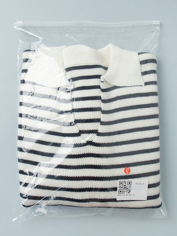 Long Sleeves Loose Split-Joint Striped Lapel Sweater Tops