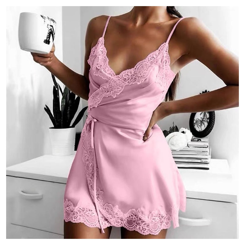 Women Fashion Sexy Solid Color Satin Lace Splicing Lace-Up Dress Pajamas