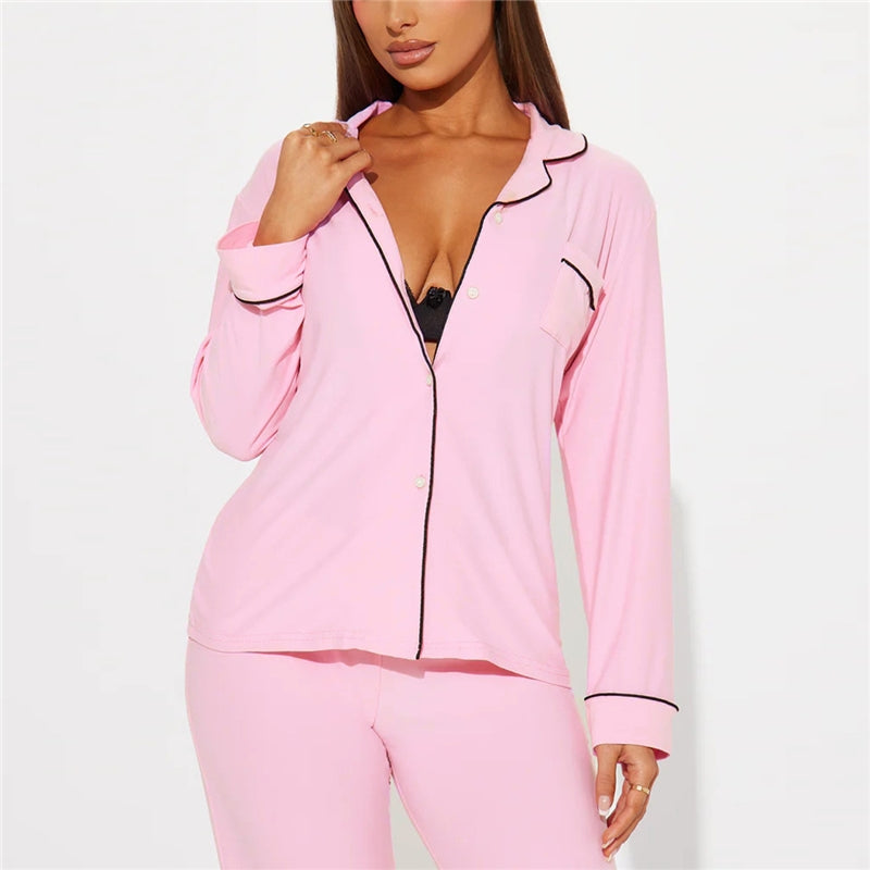 Women Fashion Casual Autumn And Winter Printed Lapel Long Sleeve Top Loose Pants Pajamas Set