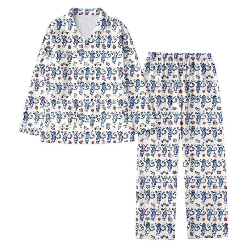 Women Casual Monkey Print Lapel Long-Sleeve Top Loose Pants Pajamas Two-Piece Set