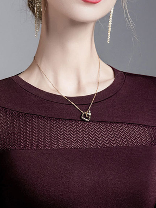 Irregularity Long Sleeves Comfort Mesh Slightly Sheer Solid Color Split-Joint Round-Neck T-Shirts Tops