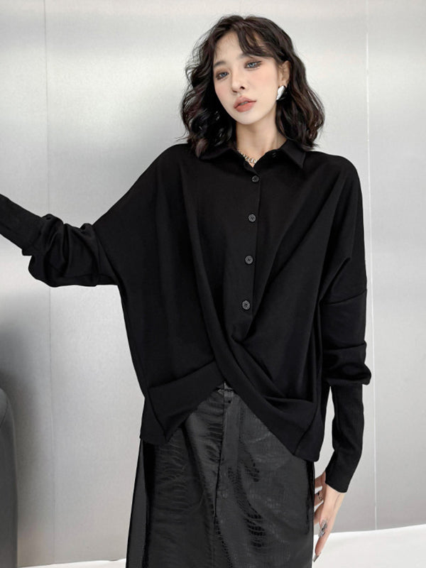 Hipster Irregularity Buttoned Solid Color Twist Lapel Collar Blouses&Shirts Tops