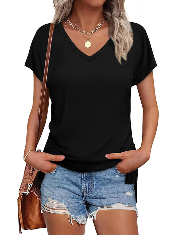High-Low Raglan Sleeve Solid Color Split-Joint Split-Side V-Neck T-Shirts