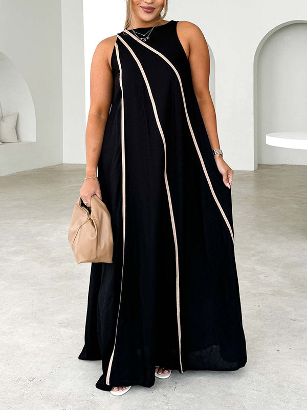 A-Line Loose Split-Joint Round-Neck Maxi Dresses