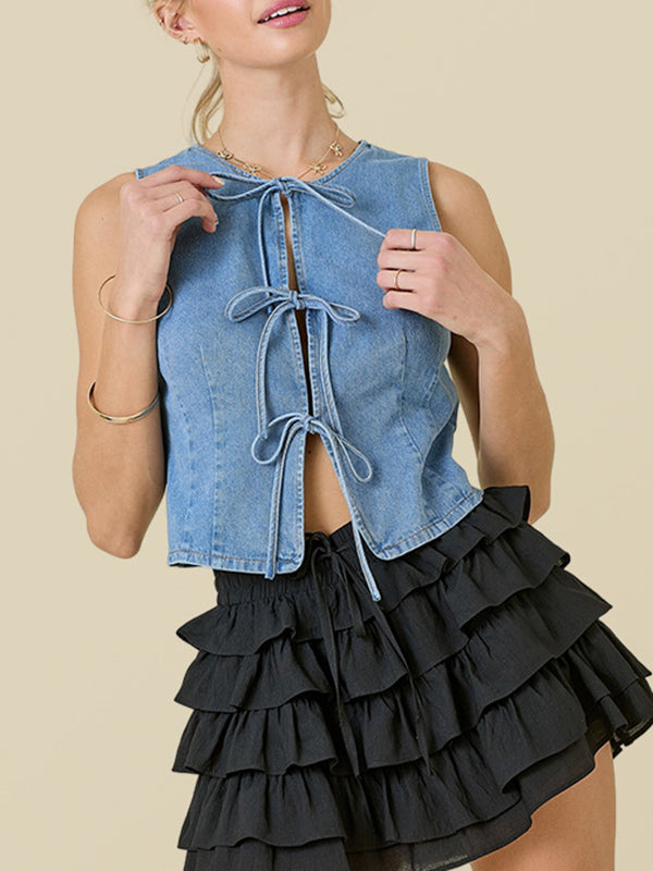 Loose Sleeveless Lace-Up Split-Joint Round-Neck Vest Top