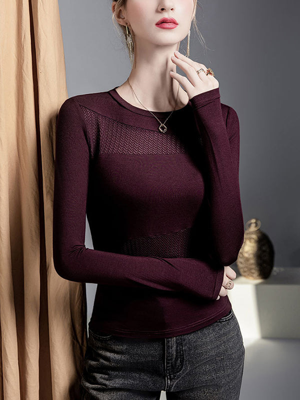Irregularity Long Sleeves Comfort Mesh Slightly Sheer Solid Color Split-Joint Round-Neck T-Shirts Tops