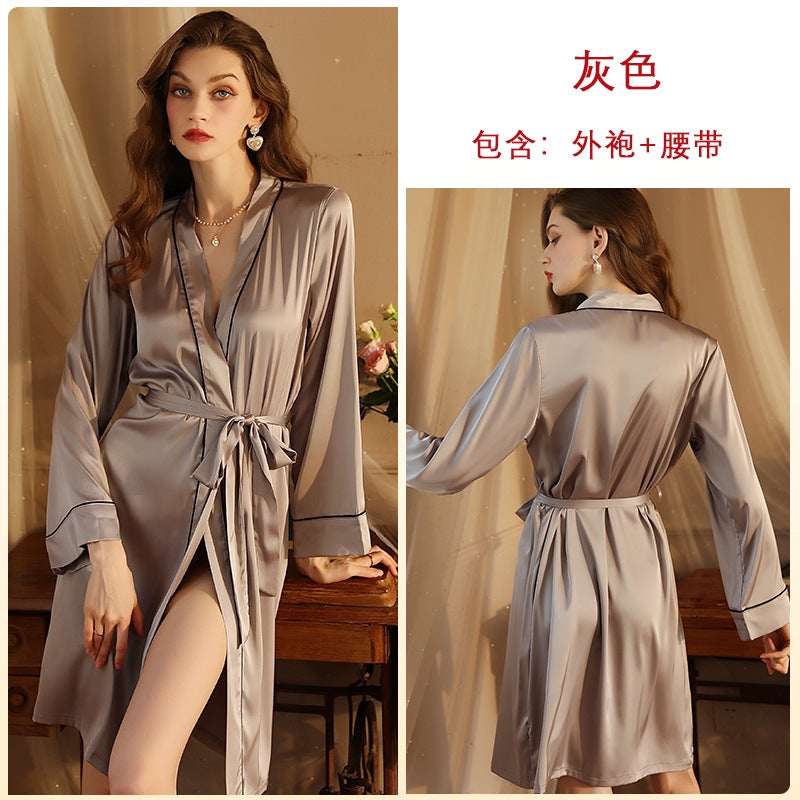 Women Fashion Sexy V-Neck Cardigan Lace-Up Silk Fabric Pajamas
