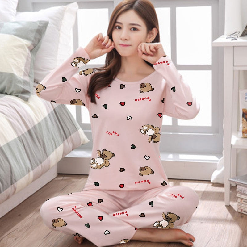 Women Fashion Casual Spring And Autumn Printed Round Neck Long Sleeve T-Shirt Loose Pants Pajamas Set