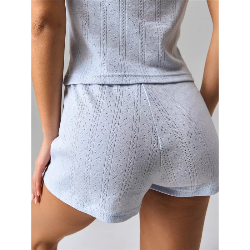Women Fashion Sexy Jacquard Hollow-Out Camisole Slim-Fit Shorts Pajamas Two-Piece Set