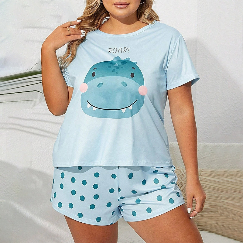 Women Fashion Casual Plus Size Printed T-Shirt Loose Shorts Pajamas Two-Piece Set
