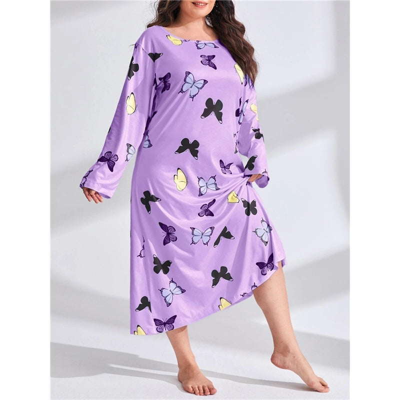Women Fashion Casual Butterfly Printing Long Sleeve Plus Size Nightgown