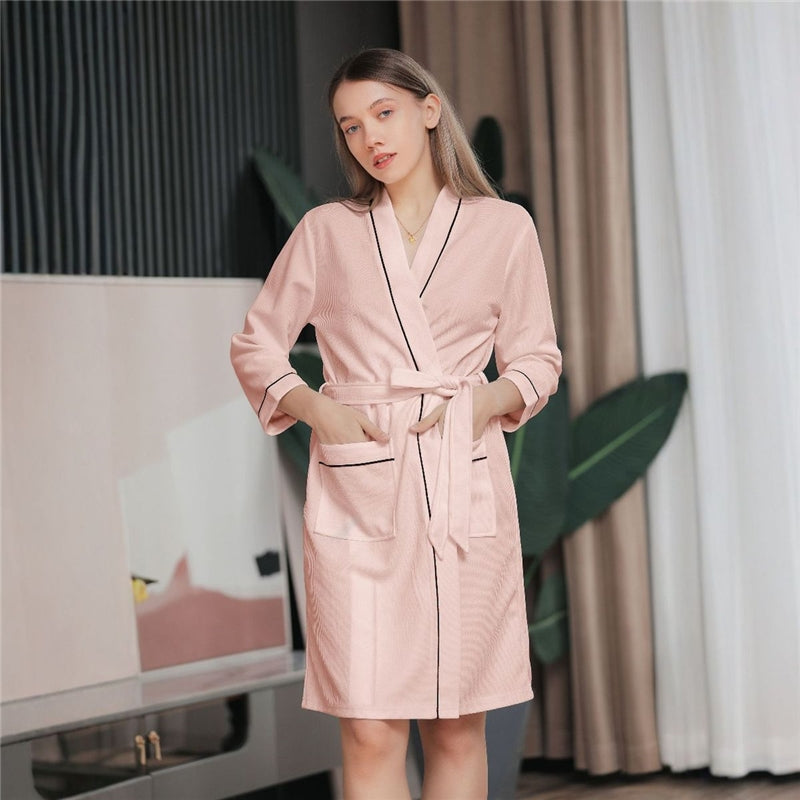 Fashion Casual Contrast Color Waffe Bathrobe Lace-Up Nightgown