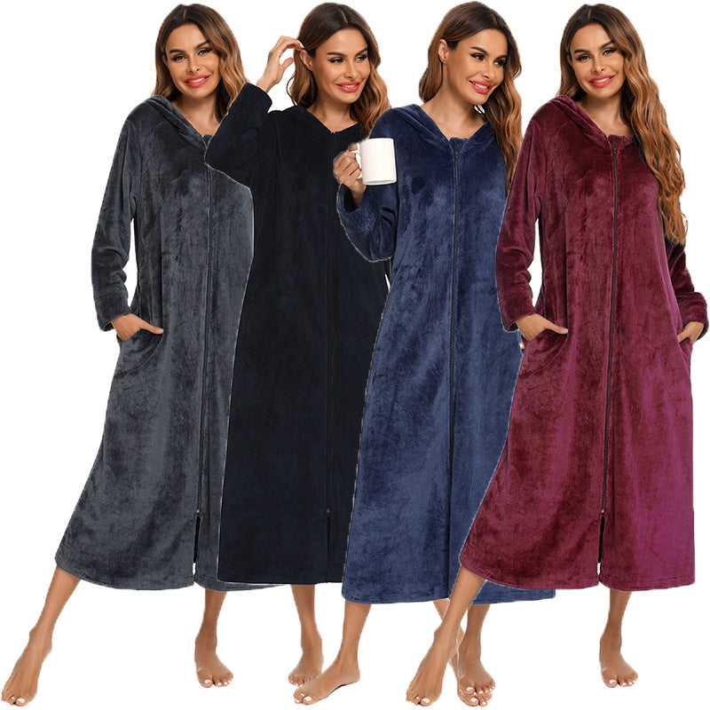 Winter Women Fashion Solid Color Zipper Long Sleeve Flannel Pajamas