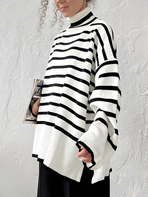 High-Low Long Sleeves Split-Joint Split-Side Striped High Neck Sweater Tops