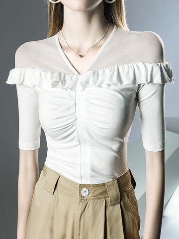 Half Sleeves Skinny Pleated Ruffle Trim Solid Color Split-Joint V-Neck T-Shirts Tops