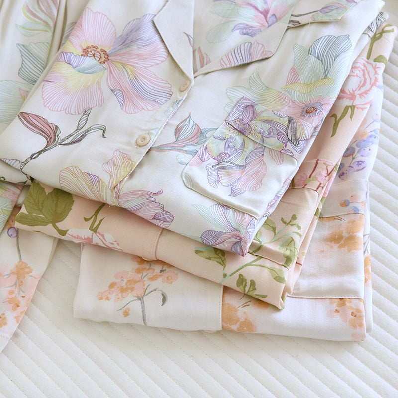 Women Casual Satin Cotton Floral Printed Lapel Long-Sleeve Top Loose Pants Pajamas Set
