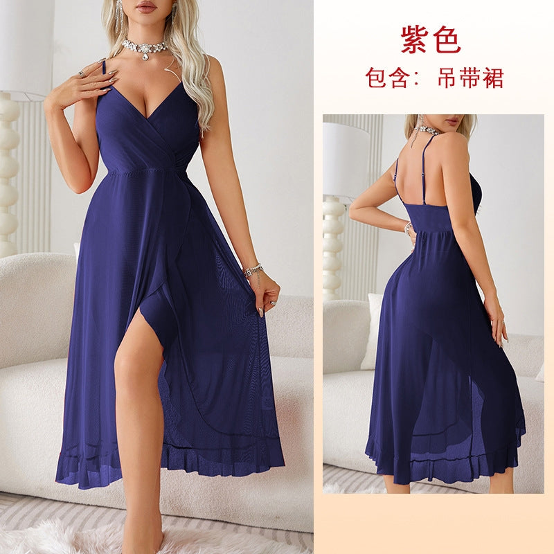 Women Fashion Sexy Deep V Backless Mesh Perspective Sling Sexy Pajamas