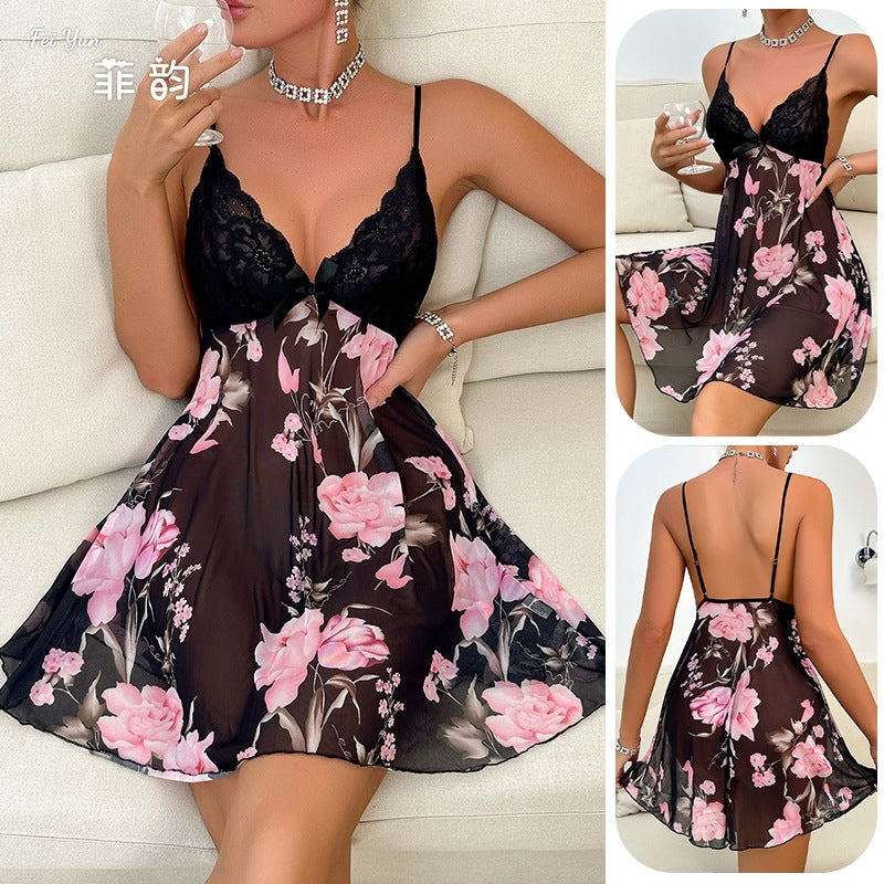 Women Fashion Sexy Lace Mesh Floral Print Sling Sleepwear