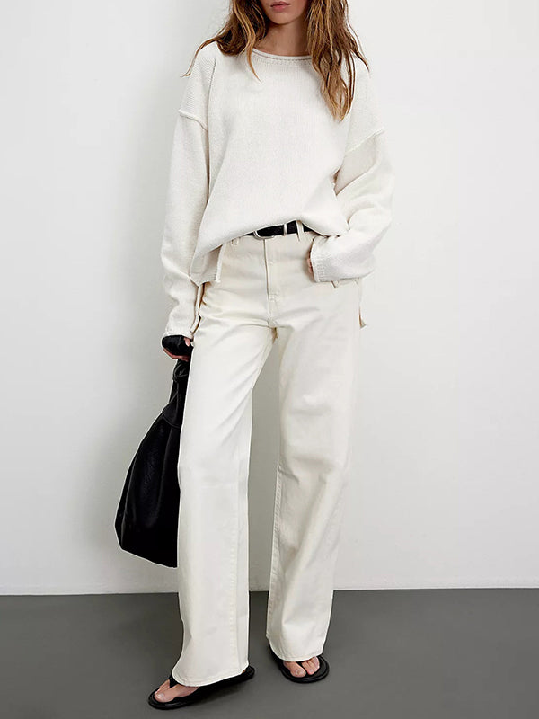 Long Sleeves Loose Solid Color Split-Joint Round-Neck Sweater Tops