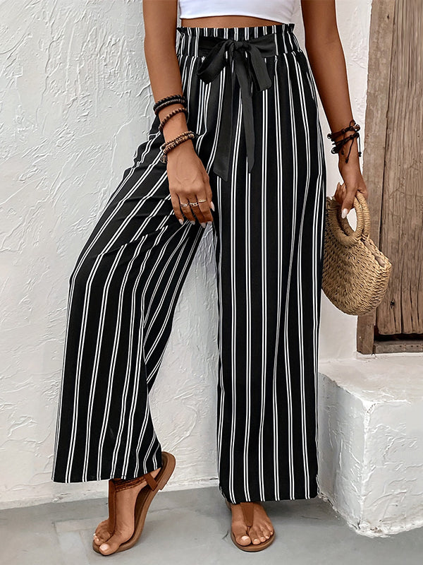 High Waisted Loose Contrast Color Pockets Striped Tied Waist Pants Trousers