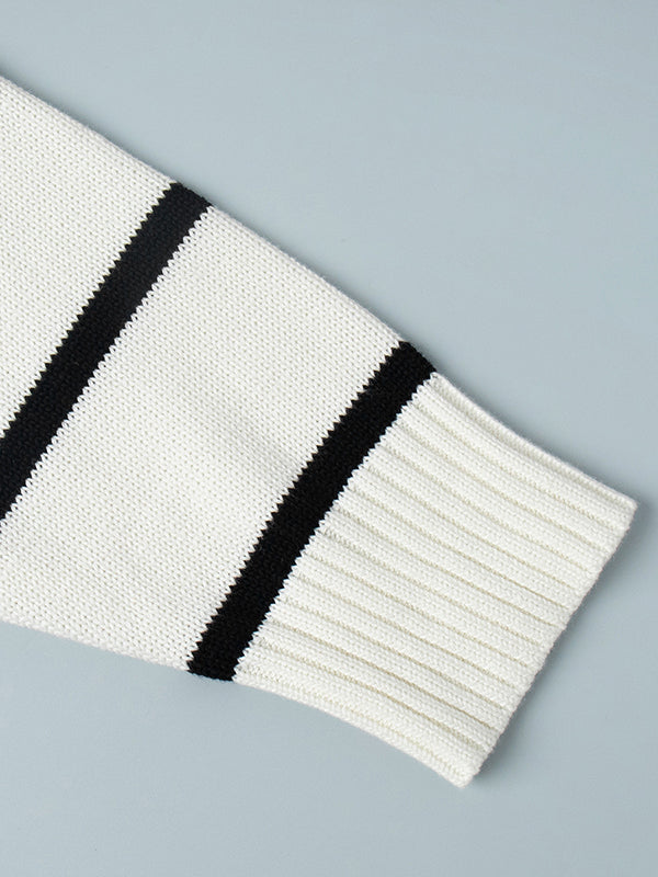 Long Sleeves Loose Split-Joint Striped V-Neck Cardigan Tops