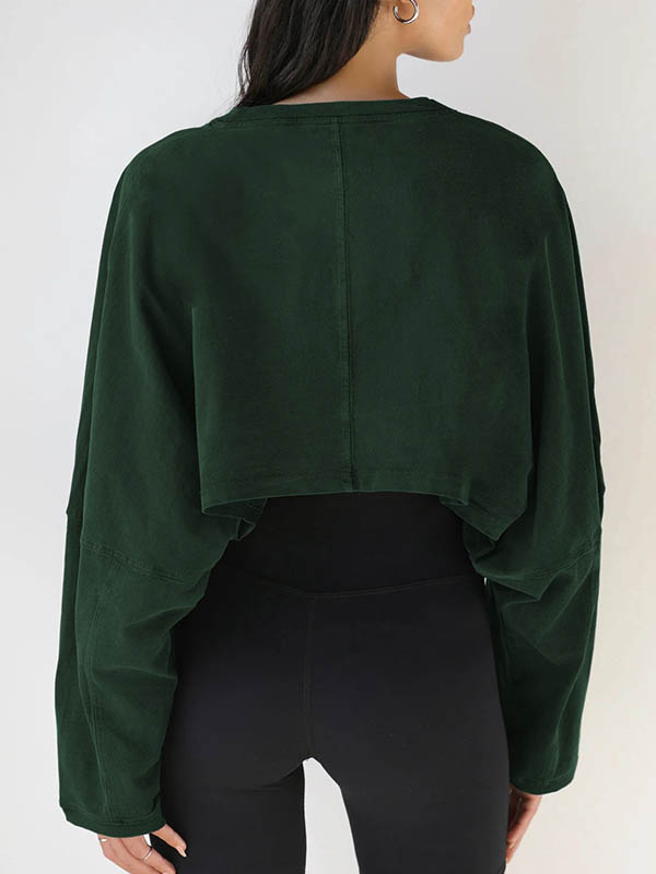 Long Sleeves Loose Solid Color Split-Joint Round-Neck Sweatshirt Tops