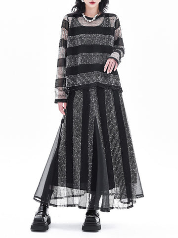 Striped Contrasting Color Elastic Round-Neck  Long-Sleeved See-Through Blouses&Shirts Tops+ Skirt Bottom Two Pieces Set