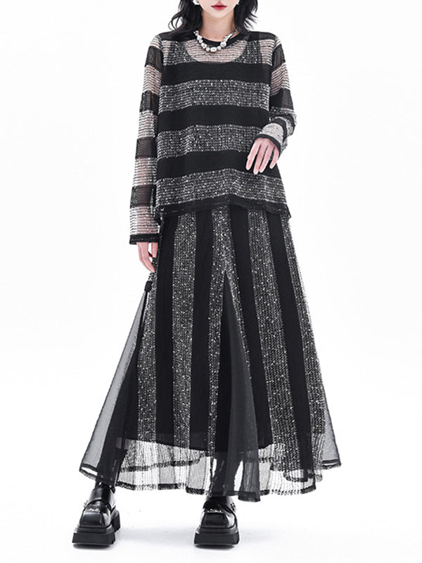 Striped Contrasting Color Elastic Round-Neck  Long-Sleeved See-Through Blouses&Shirts Tops+ Skirt Bottom Two Pieces Set