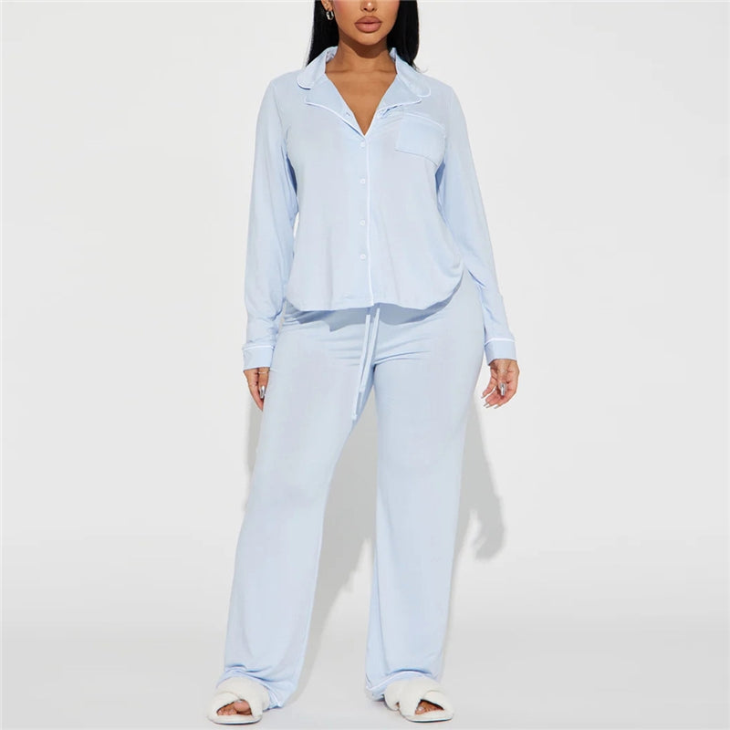 Women Fashion Casual Autumn And Winter Solid Color Lapel Long-Sleeve Top Loose Pants Pajamas Two-Piece Set