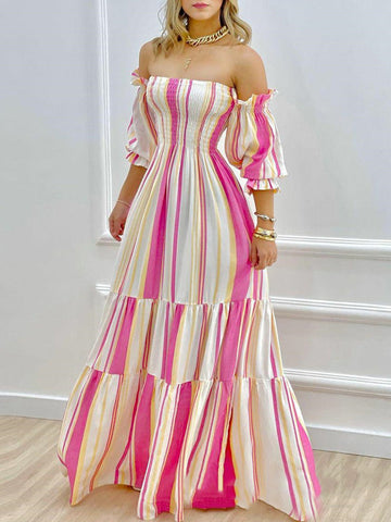 A-Line High Waisted Contrast Color Pleated Split-Joint Off-The-Shoulder Maxi Dresses
