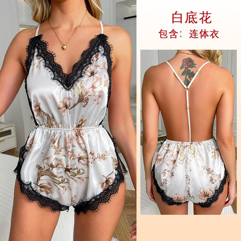 Women Fashion Sexy Deep V Lace Backless Sleepwear